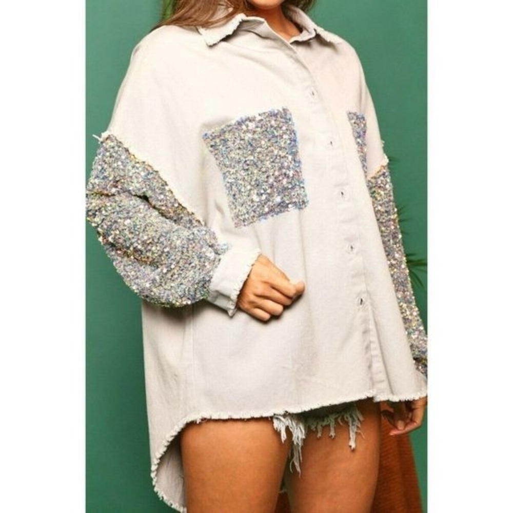 NWT Fantastic Fawn Light Grey Sequin Sleeve Shacket Oversized Jacket size S - Picture 12 of 16